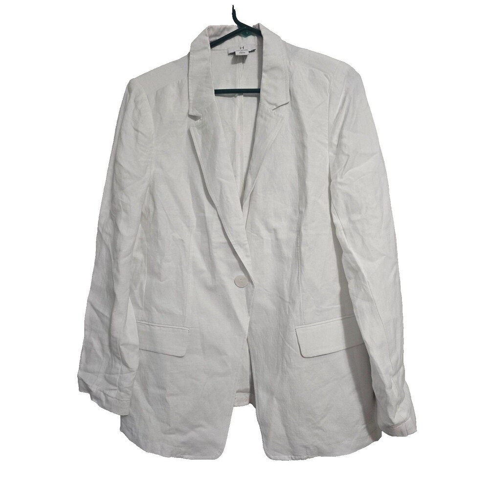 Halston Size Large Womens White Blazer Linen Blend Pockets Career NWOT